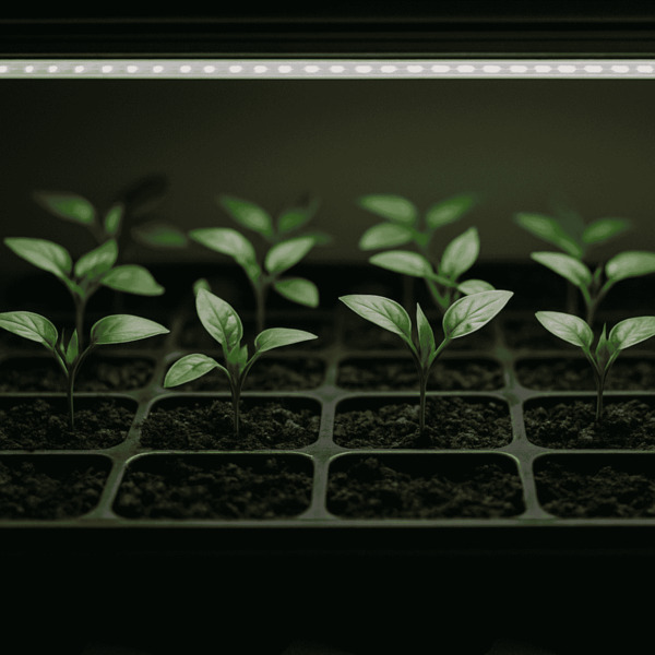 Healthy green seedlings growing in tray under grow lights