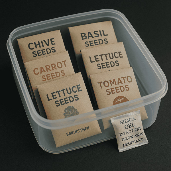 Labeled seed packets stored in airtight container with desiccant for freshness