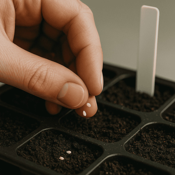 Hand sowing vegetable seeds into cell tray for germination