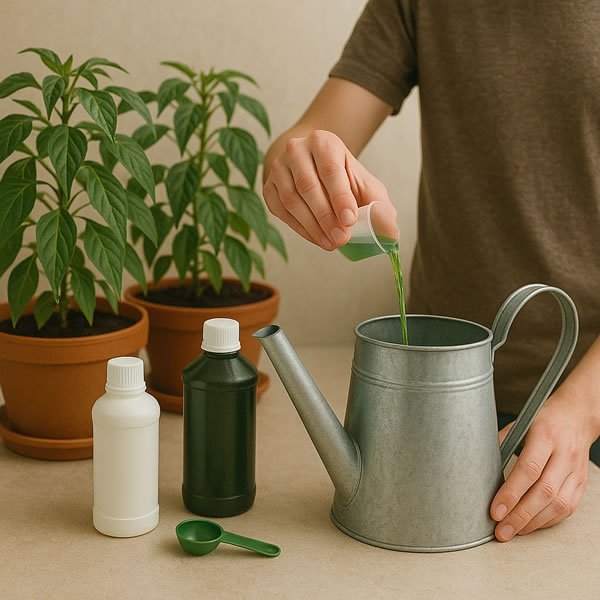 Mixing liquid feed into a watering can for chili plants