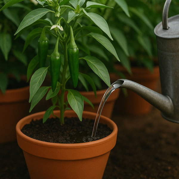 Soil-level watering of chili plants with a narrow spout can