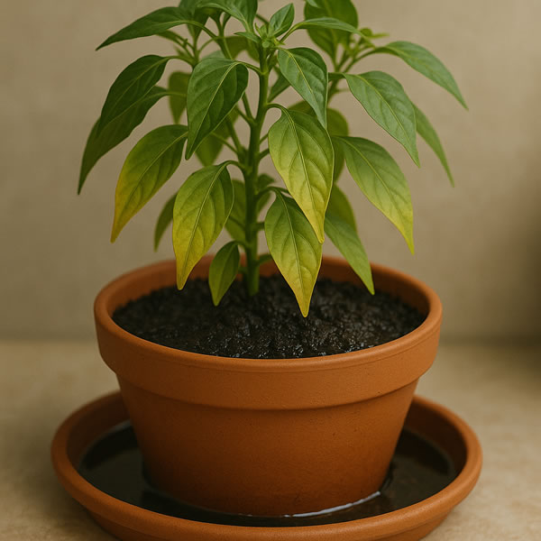 Overwatered chili with yellowing leaves and soggy soil