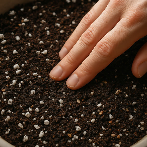 Well-drained chilli potting mix with perlite and balanced moisture